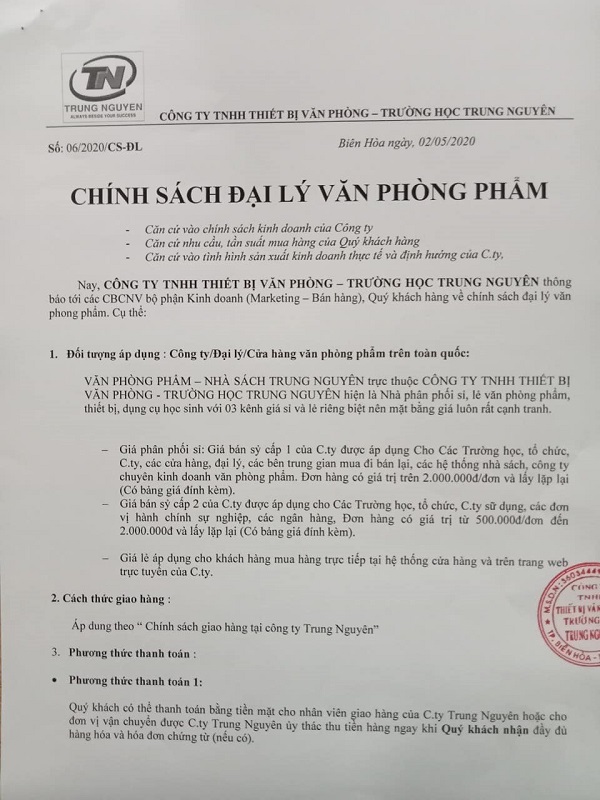 CHÍNH SÁCH ĐẠI LÝ VĂN PHÒNG PHẨM