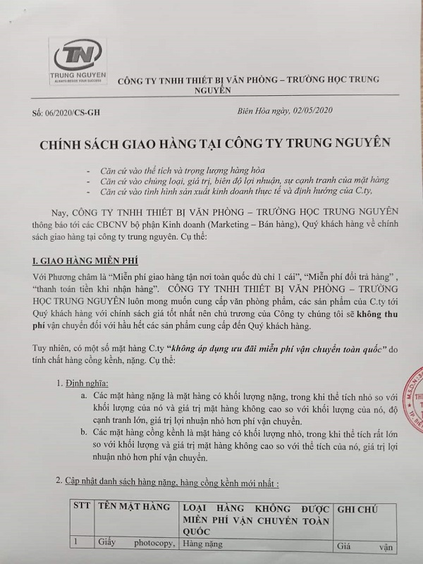 CHÍNH SÁCH VẬN CHUYỂN & GIAO NHẬN HÀNG HÓA TẠI CÔNG TY