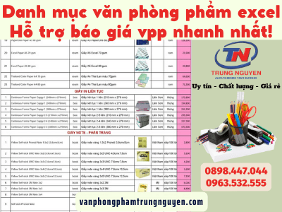 danh mục văn phòng phẩm excel